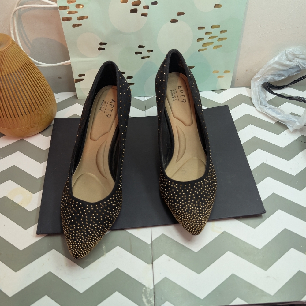 Apt. 9 Black Pointed Flats with Gold Stud Detailing
